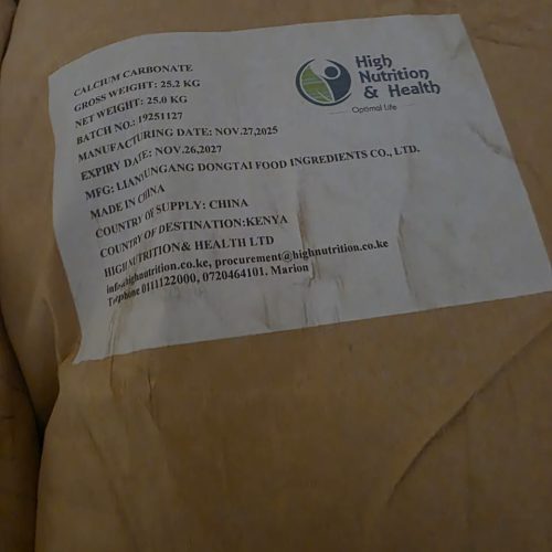 Calcium Carbonate Specification Details Product Name Calcium Carbonate Chemical Formula CaCO₃ Product Type Mineral Additive / Food Ingredient Form Fine White Powder Purity Food Grade Application Food Fortification, Pharmaceuticals Solubility Insoluble in Water Packaging Food-Grade Industrial Packaging